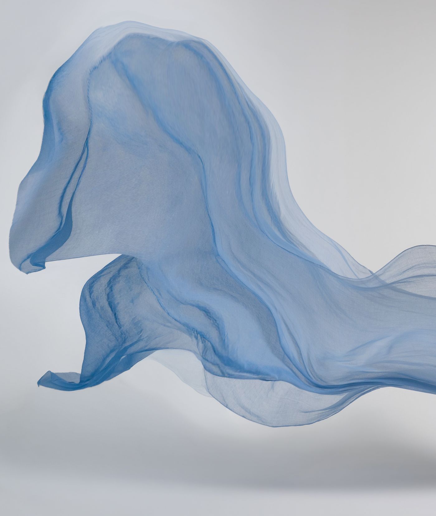 Pale blue chiffon caught mid-flight against the studio cove